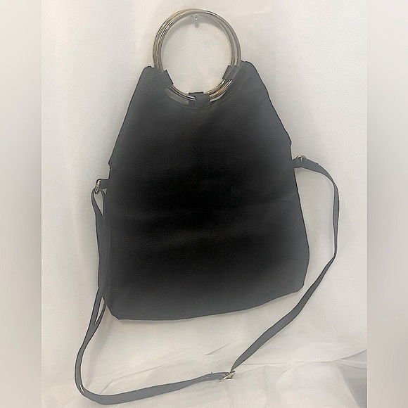 Black Leather Crossbody Purse/Bag with gold metal hoop handles - Picture 4 of 10